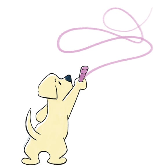 A cute illustration of a yellow Lab puppy coloring with a pink crayon. Artwork done by Tara Soressi.