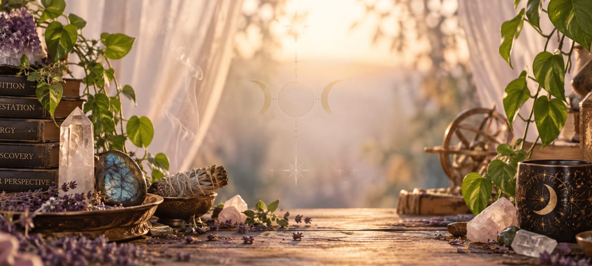 Mystical workspace with crystals, books, herbs, candles, and celestial details representing The Alchemy of Crystal Collections.