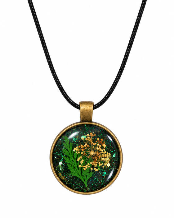 Handmade green pressed flower resin pendant with real foliage on black cord necklace