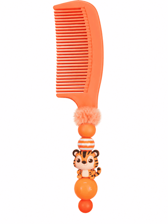 Orange hand-decorated hair comb with cute tiger bead, orange beads and fluffy pom-pom detail