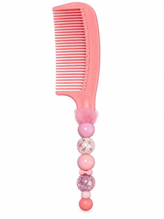 Pink hand-decorated hair comb with starfish bead, pink beads, glitter detail and fluffy pom-pom