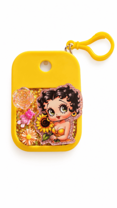 Yellow Betty Boop body mist case hand-decorated with resin, flowers and sparkling details
