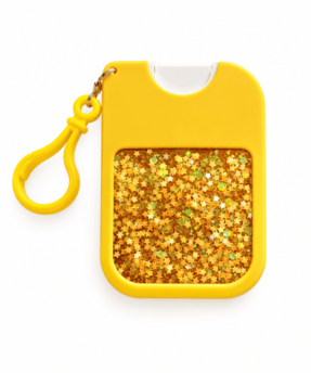 Back of yellow body mist holder with glitter resin panel and matching yellow clip