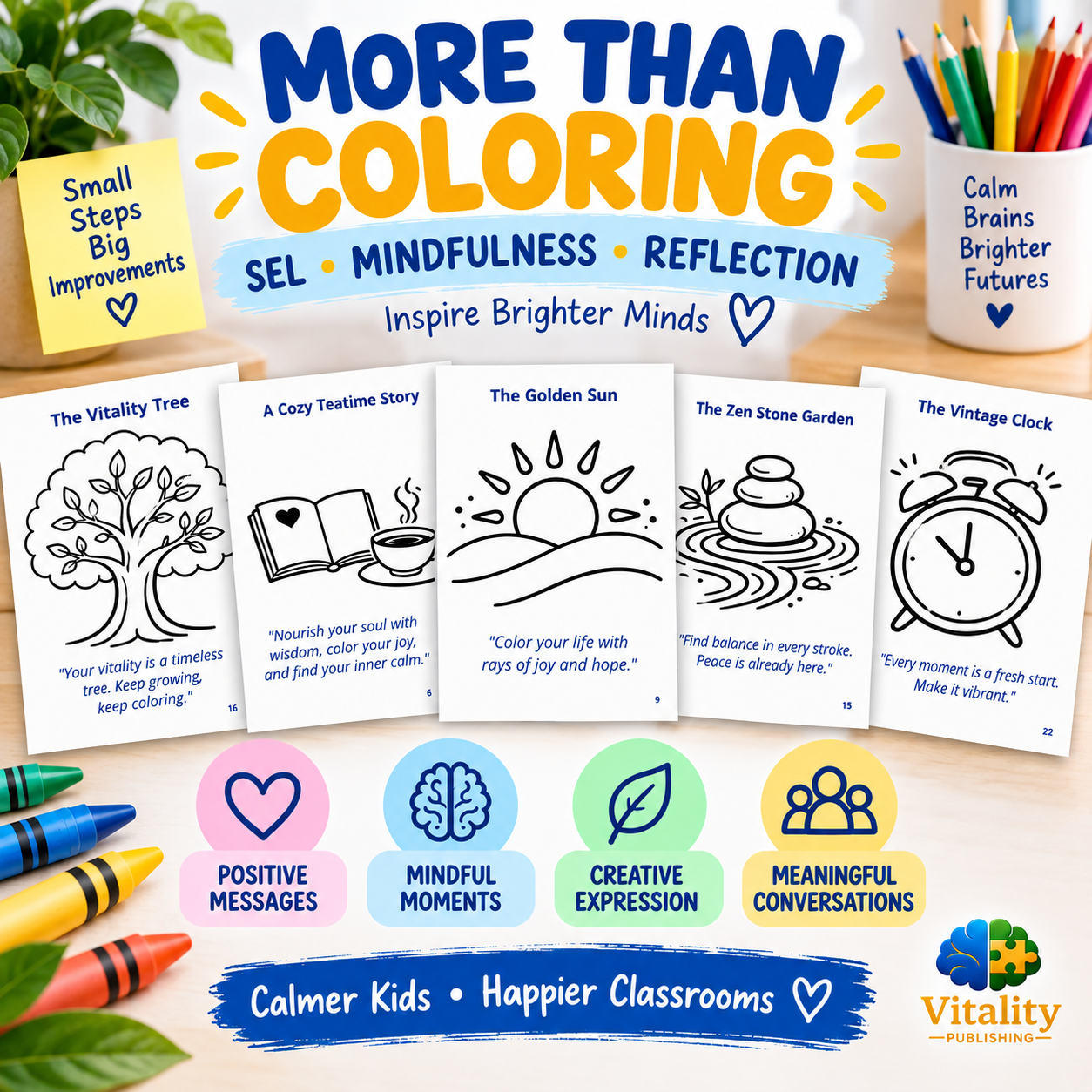 Mindfulness coloring pages for kids with SEL, reflection, positive messages, mindful moments, creative expression, and meaningful conversations.