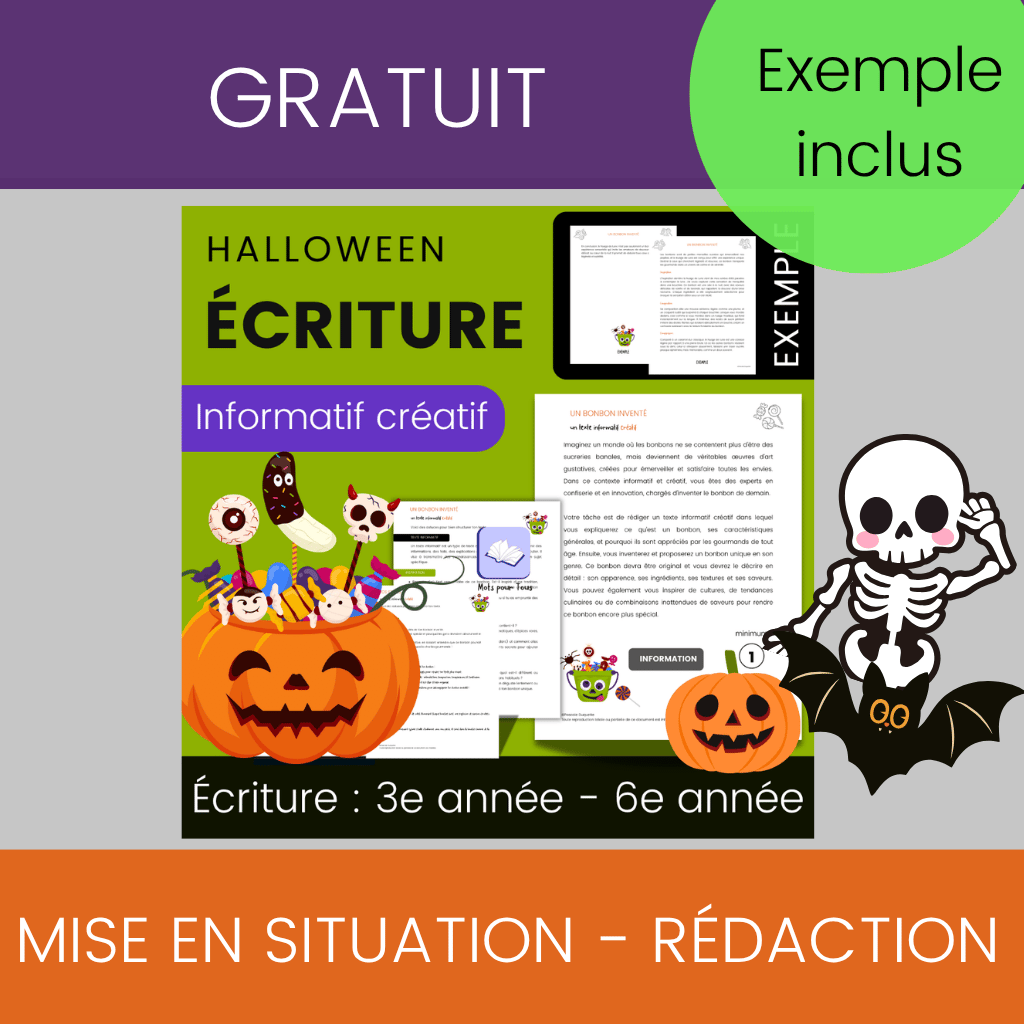 Exemple gratuit d’activité d’écriture Halloween avec mise en situation et rédaction pour les élèves de 3e à 6e année.