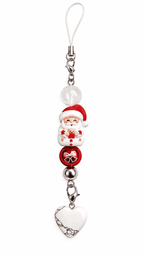 Handmade Santa Claus beaded Christmas charm with genuine white howlite heart