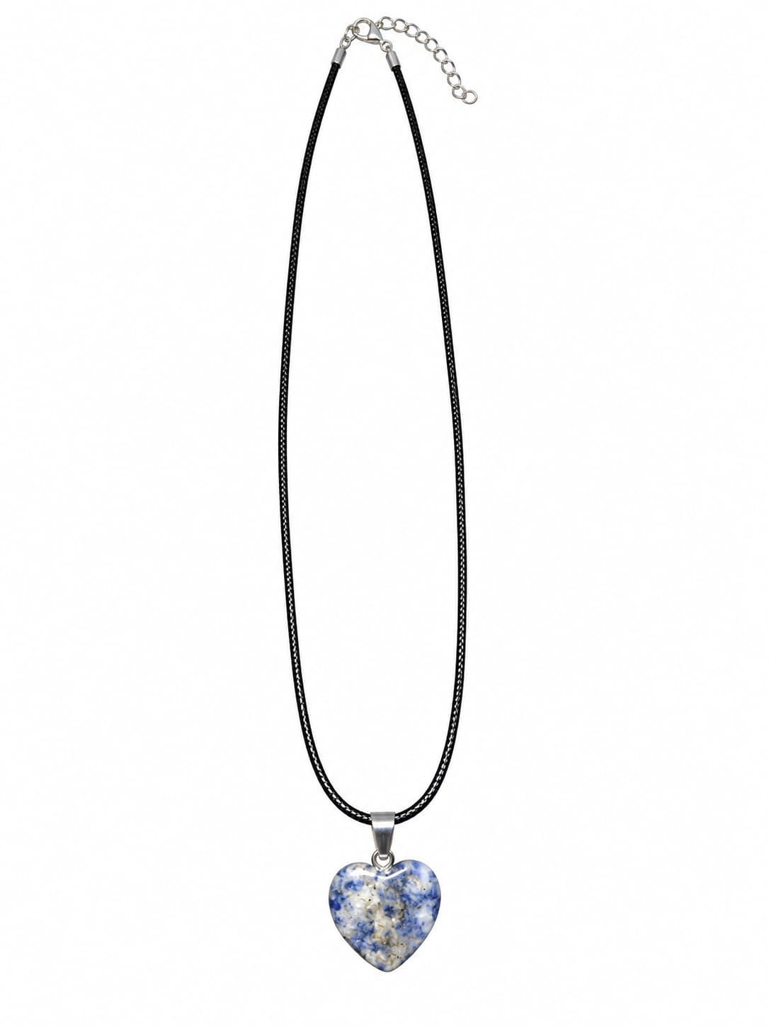 Handmade genuine Sodalite heart necklace with blue and white marbled gemstone pendant on a black cord.