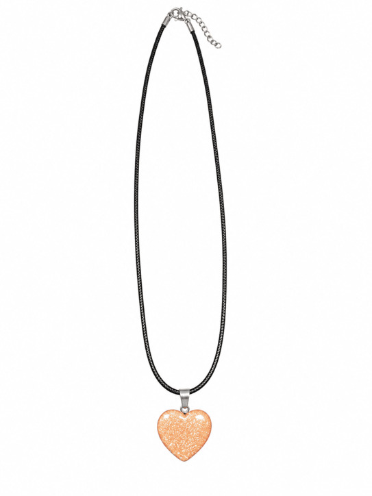 Sparkling copper-brown Goldstone heart pendant necklace on a black cord with silver-toned fastening.