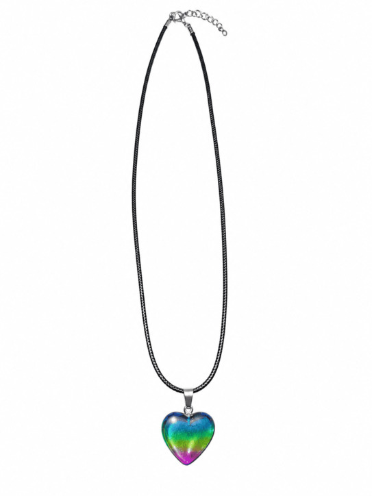 Genuine natural stone rainbow aura heart pendant necklace on a black cord with silver-toned fastening, photographed on white.
