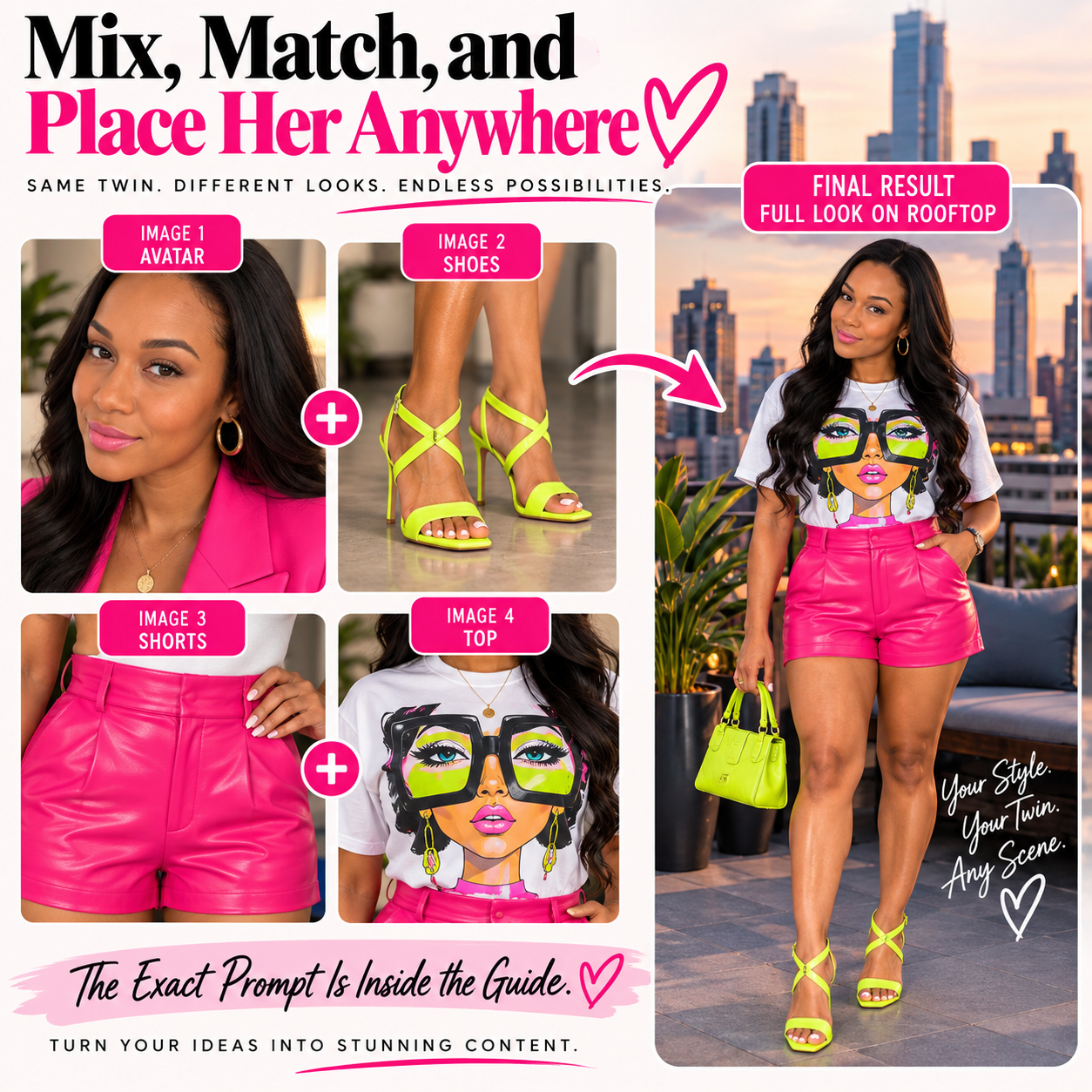 AI twin combined with separate outfit images to create a full look on a city rooftop using ChatGPT.
