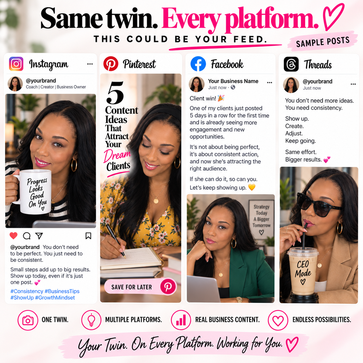 Sample Instagram, Pinterest, Facebook, and Threads posts featuring the same AI twin created in ChatGPT for a small business.