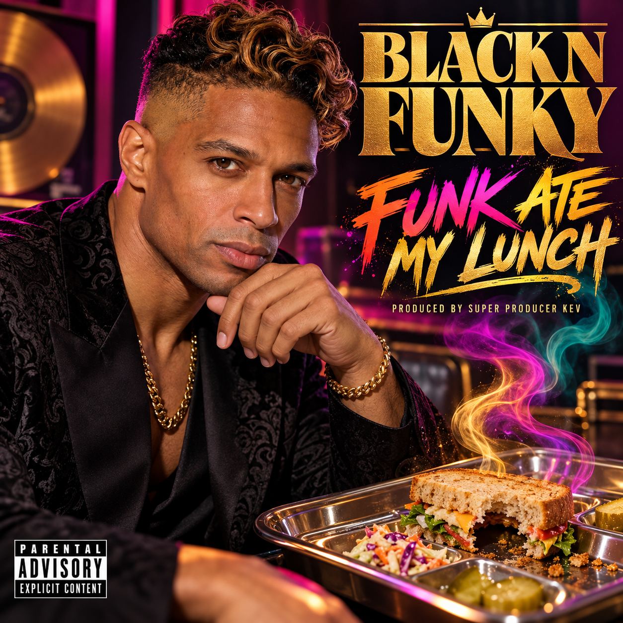 Black N Funky – Funk Ate My Lunch album cover, produced by Super Producer Kev, vibrant professional funk album artwork with parental advisory label