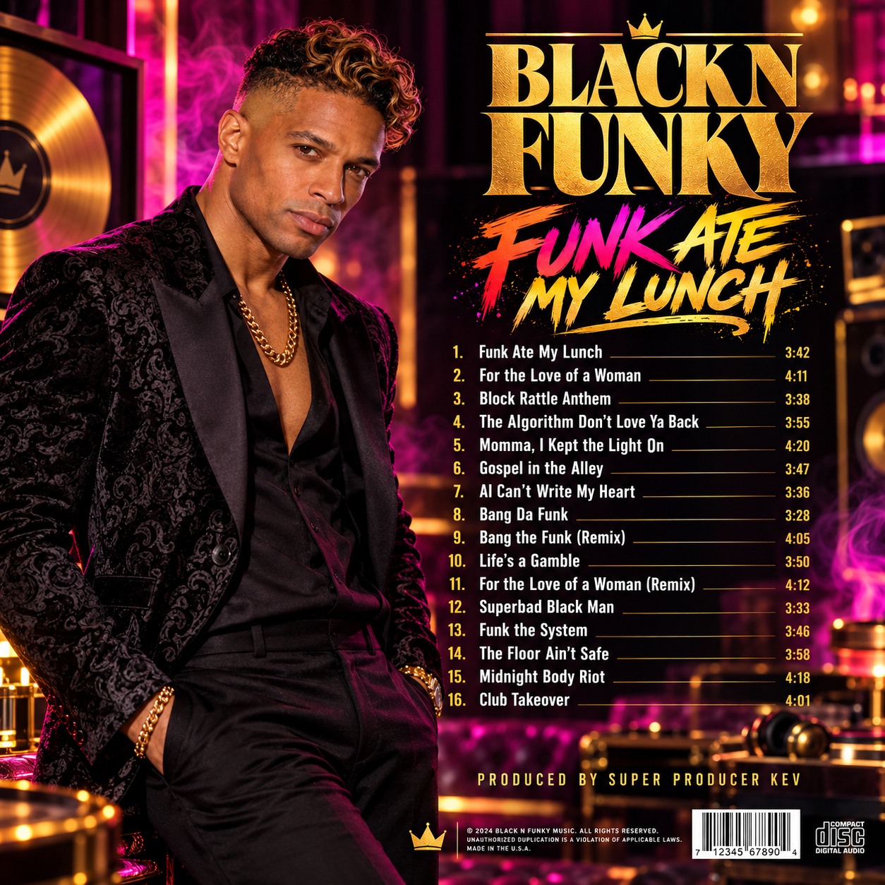 Black N Funky – Funk Ate My Lunch back album cover featuring Black N Funky in a different pose with the complete 16-track album listing.