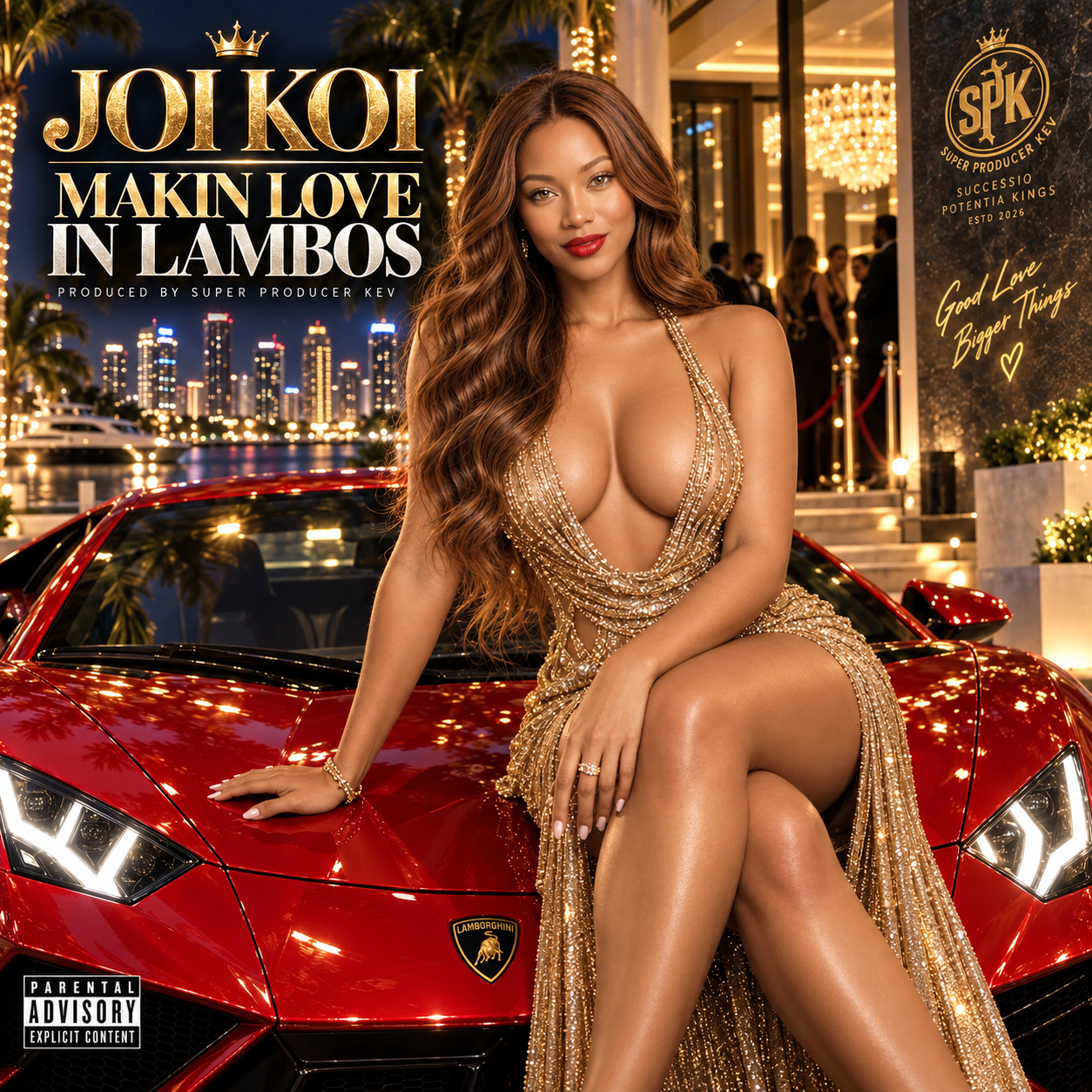 JOI KOI™ Making Love in Lambos album cover for an 11-track female hip-hop, rap and R&B digital album produced by Super Producer Kev.