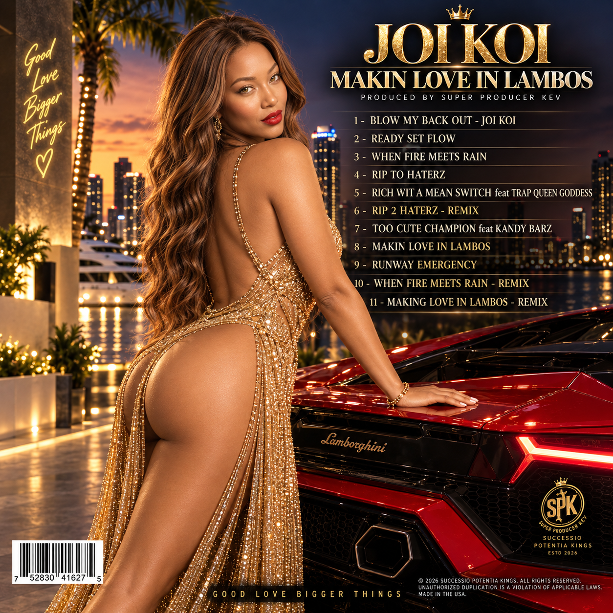 JOI KOI™ Making Love in Lambos back album cover with the complete 11-track listing for the female hip-hop, rap and R&B album produced by Super Producer Kev.