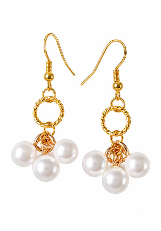 Handmade Amara 18ct gold plated drop earrings featuring a clustered trio of white pearls hanging from a twisted gold rope ring on a white background.