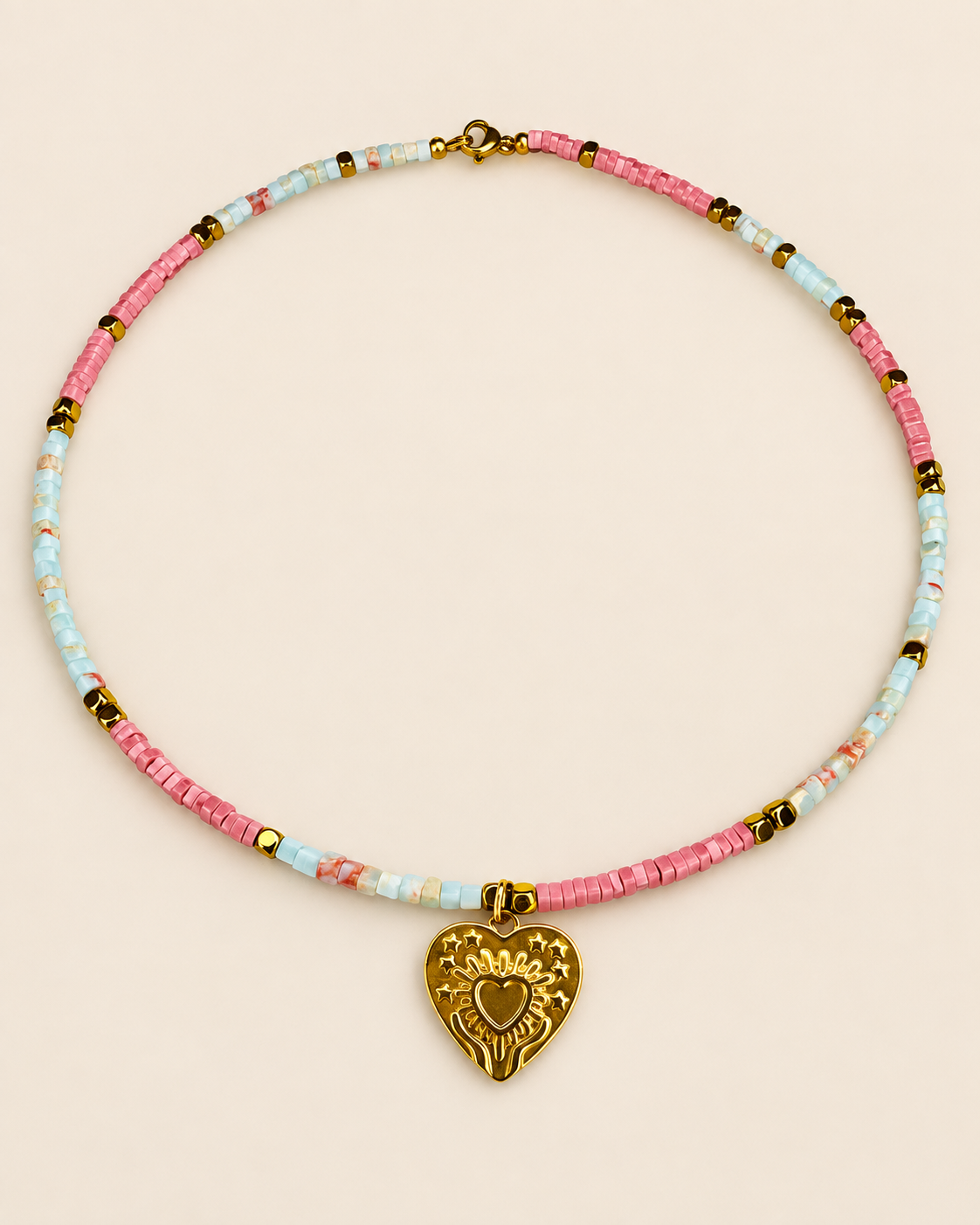 Collana Cuore in Mano da 42 cm con diaspro rosa, Shoushan blu, ematite e dettagli in acciaio inossidabile