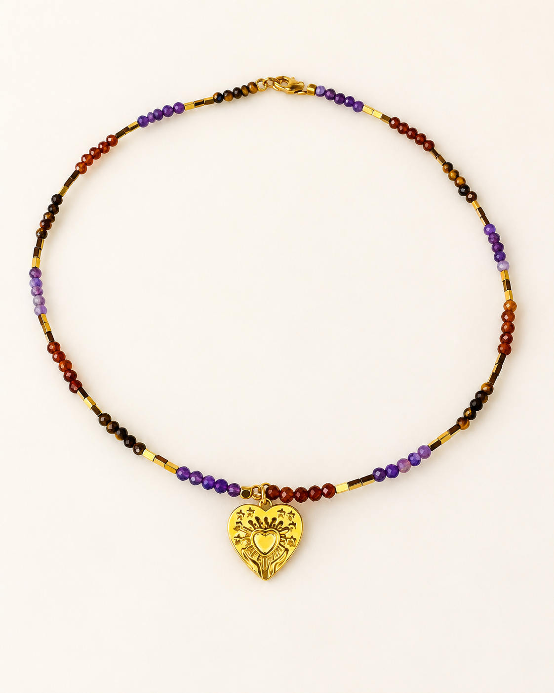 Collana da 41 cm con granato ametista occhio di tigre e ciondolo Cuore in Mano