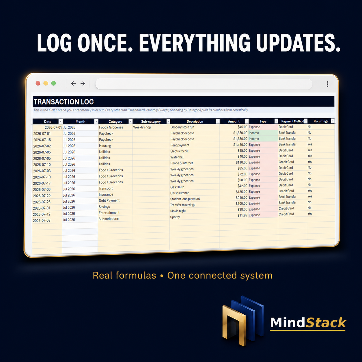 Transaction log tab for tracking income and expenses automatically