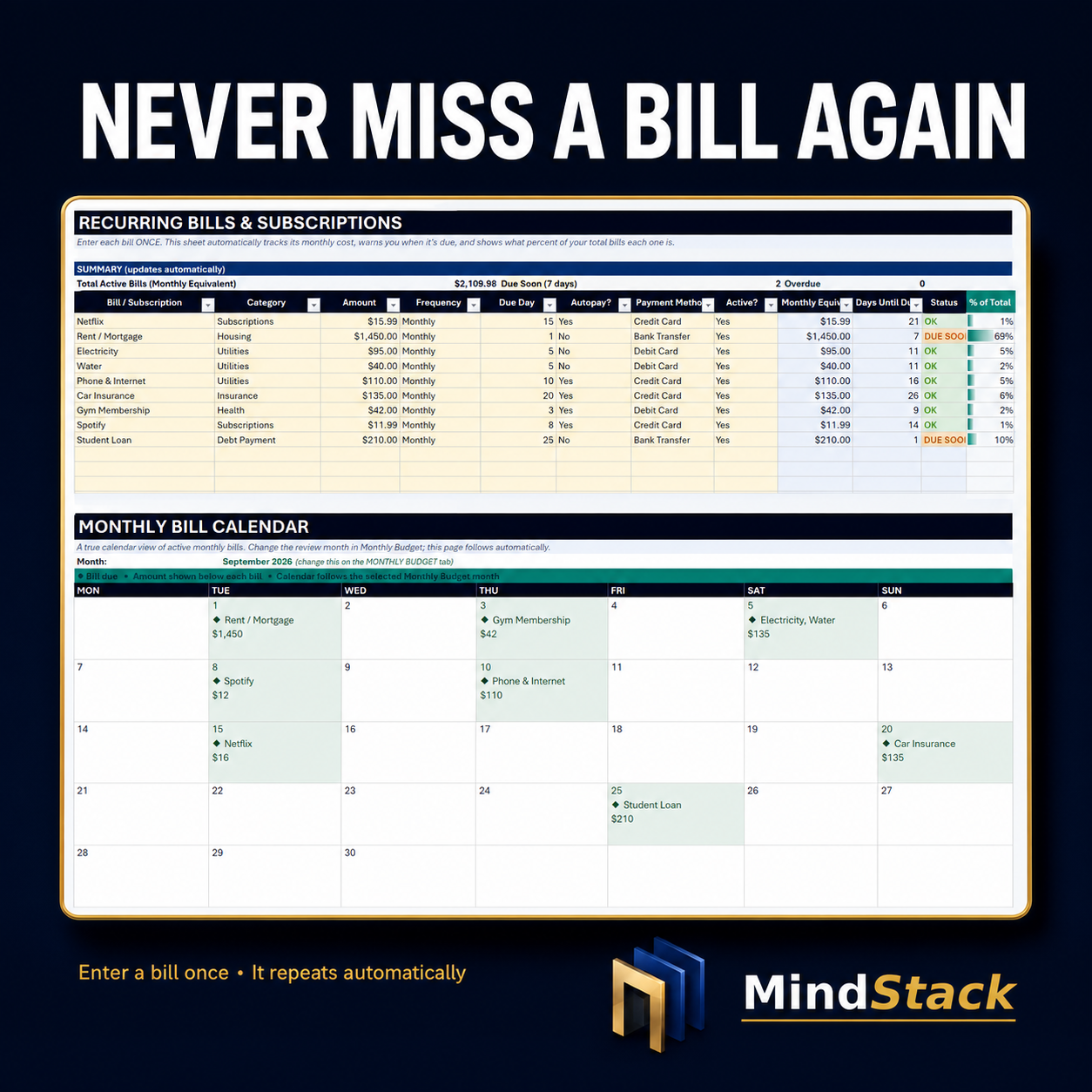 Automatic bill calendar showing recurring bills by due date