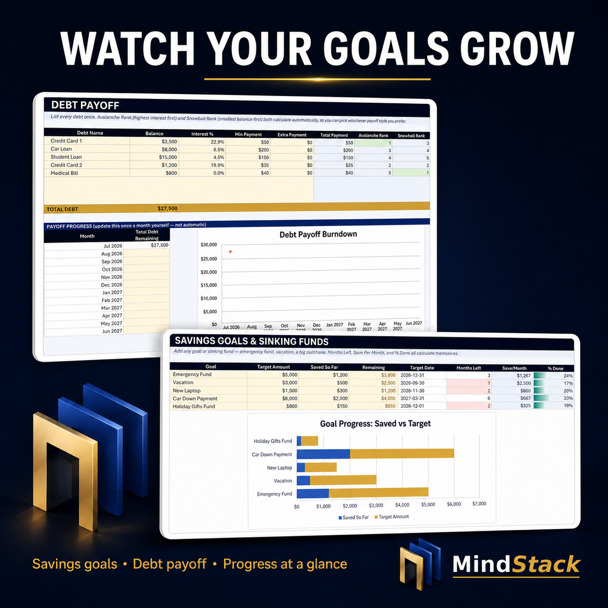 Savings goals tracker and debt payoff calculator with avalanche and snowball method