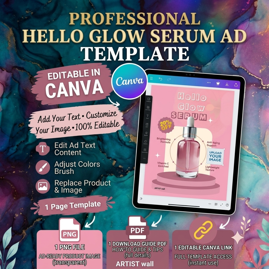 Premium Glow Serum Canva Template – Editable Skincare Social Media Ad