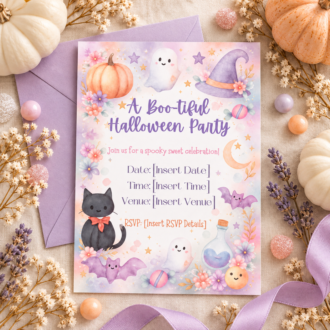 Dreamy pastel Halloween party invitation flat lay with lilac envelope, pumpkins, dried flowers and lavender ribbon