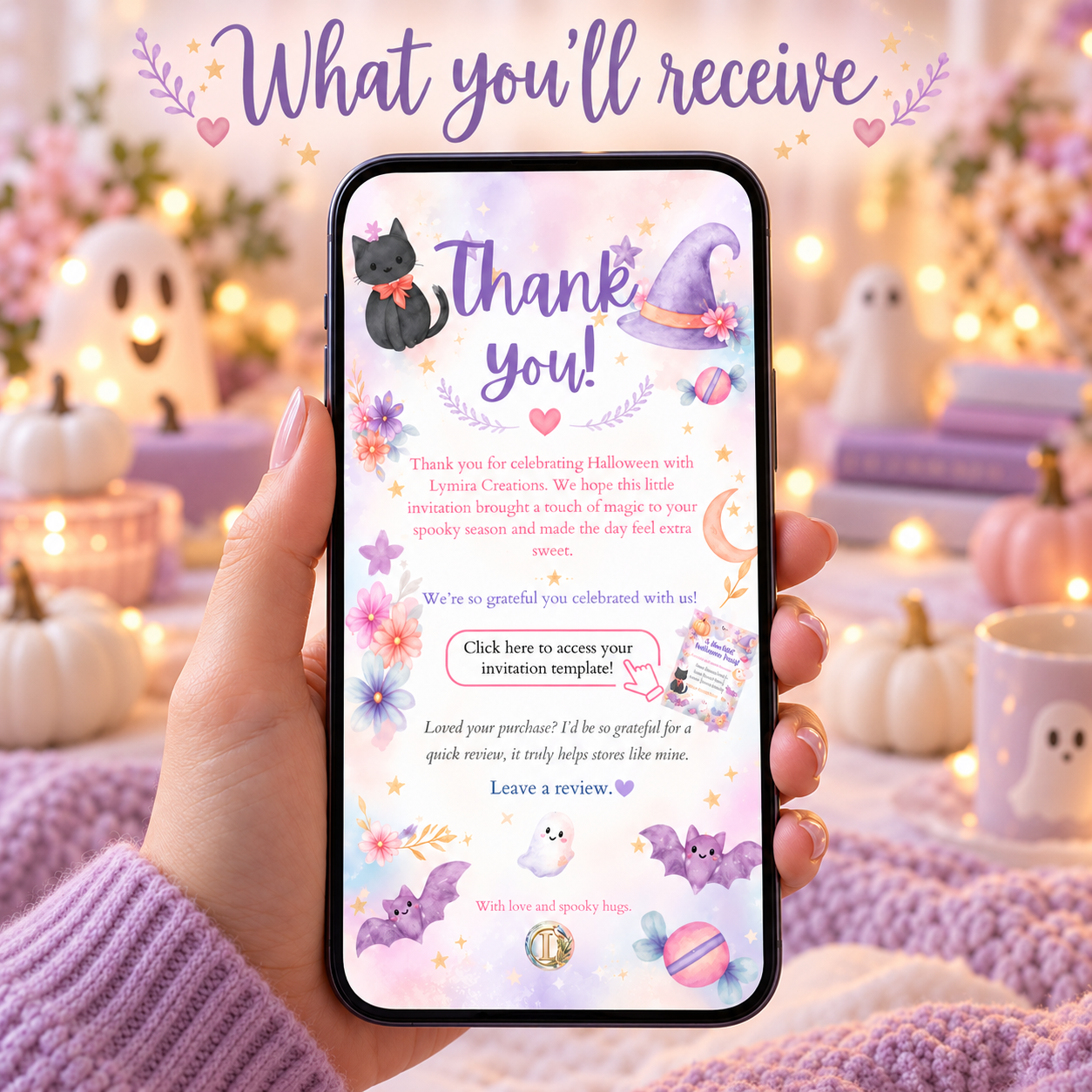Phone showing the Lymira Creations thank-you page with a one-click link to the editable Canva invitation template