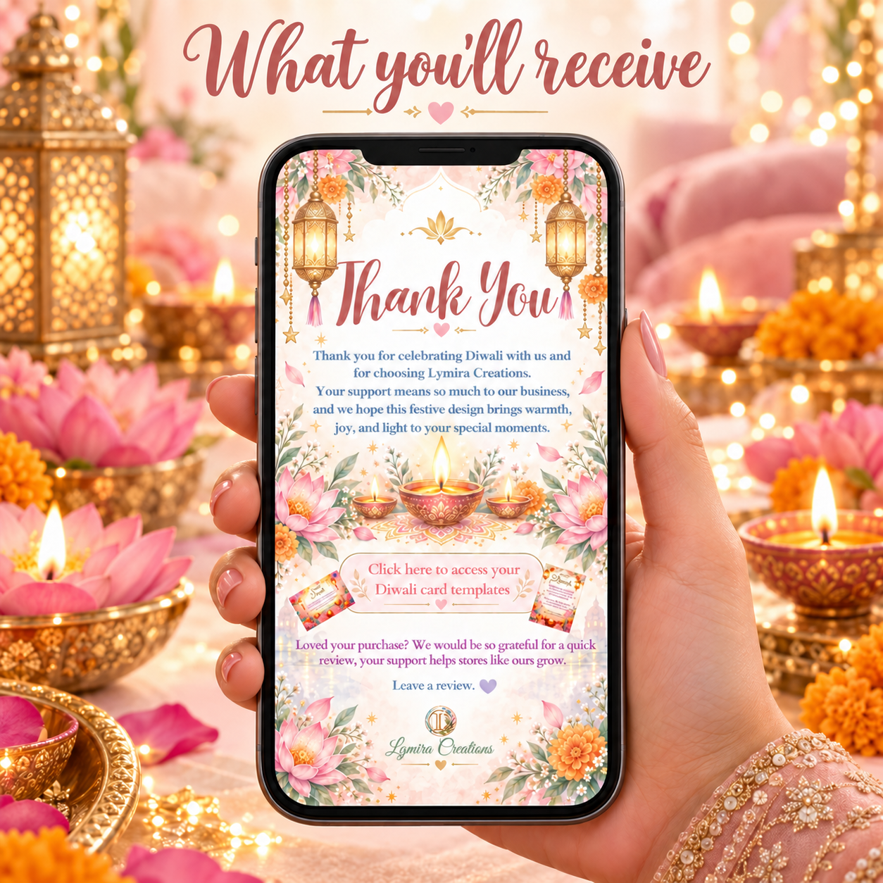 Phone showing the Lymira Creations Diwali thank-you page with a one-click link to the editable Canva card templates