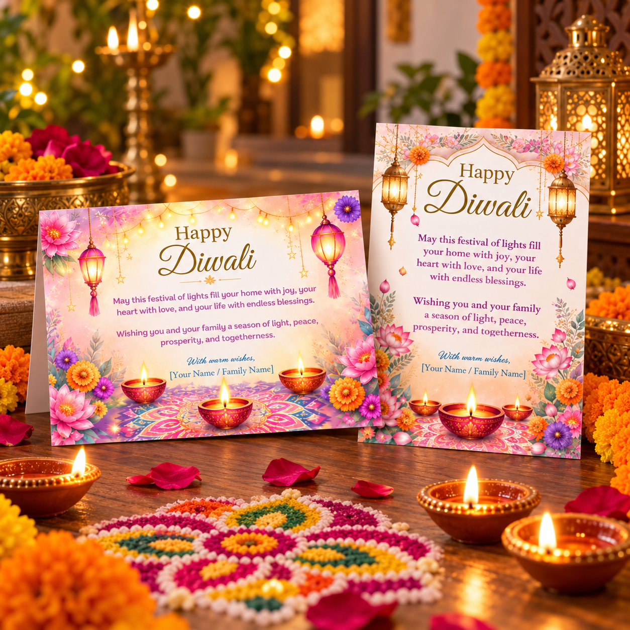 Landscape and portrait Happy Diwali cards displayed on a wooden table with a colourful rangoli, glowing diyas and marigold flowers