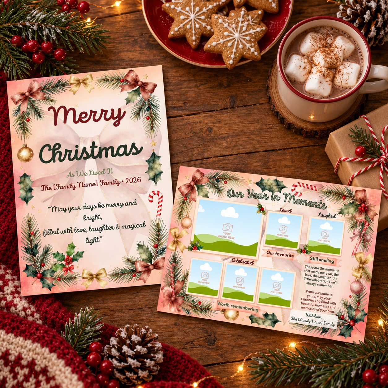 Christmas As We Lived It card set with a Merry Christmas family card and an Our Year in Moments photo card on a wooden table with gingerbread and hot chocolate