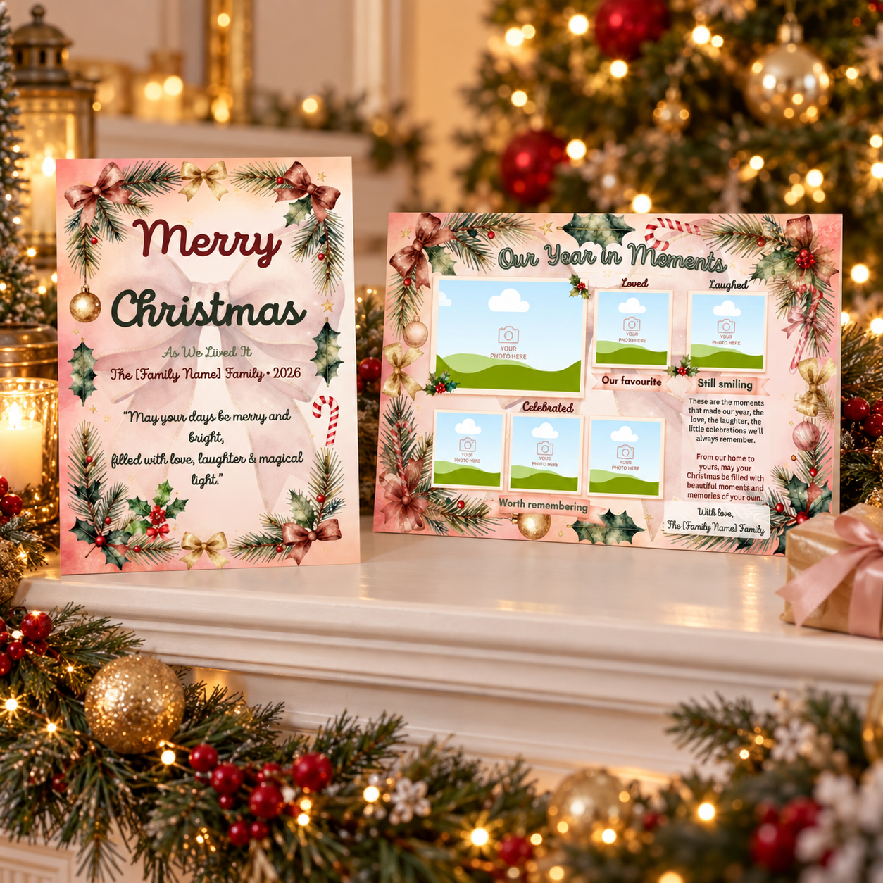 Christmas As We Lived It Merry Christmas family card and Our Year in Moments photo collage card displayed on a white mantelpiece in front of a glowing Christmas tree