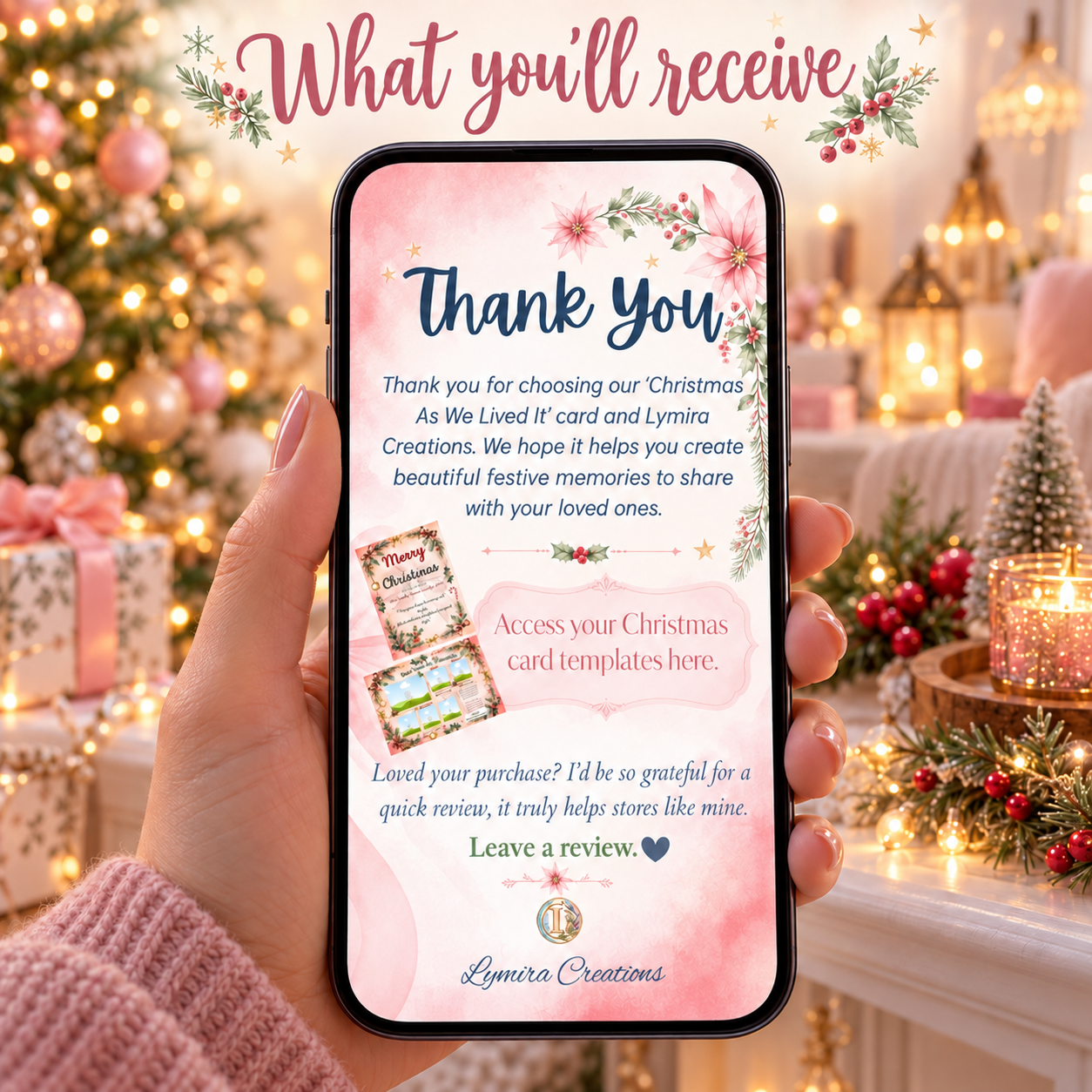 Phone showing the Lymira Creations Christmas As We Lived It thank-you page with a link to the editable Canva card templates