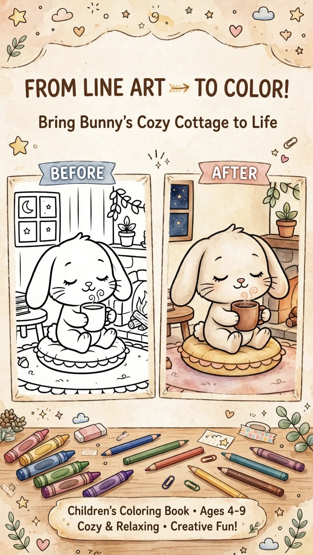 Bunny coloring page shown before and after coloring from Bunny’s Cozy Cottage.
