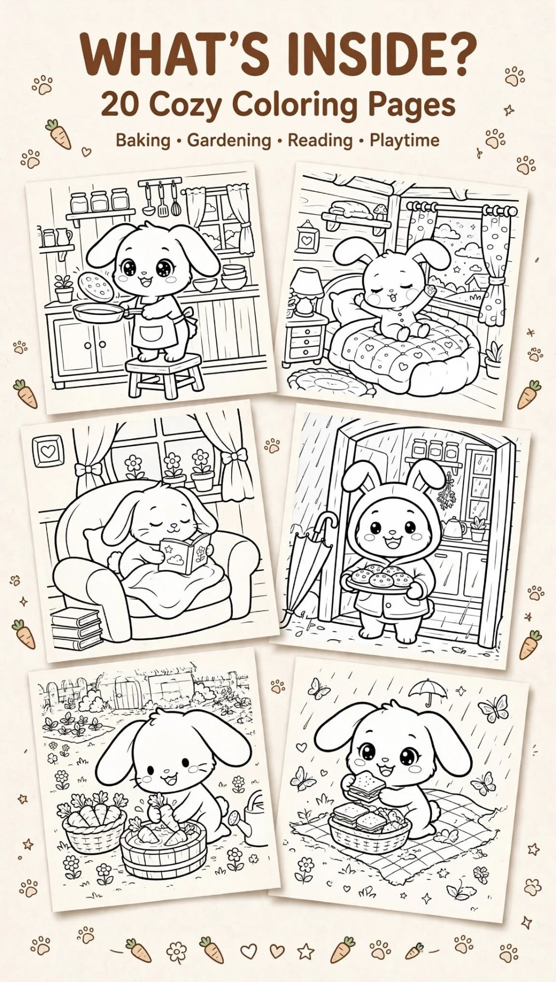 Preview of cute bunny coloring pages from Bunny’s Cozy Cottage printable coloring book.