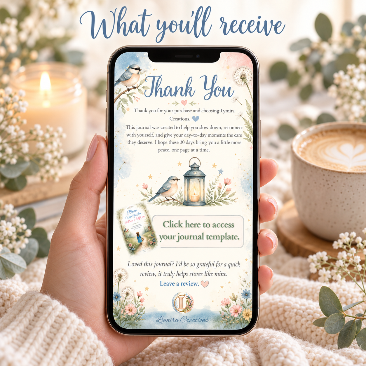 Phone showing the Lymira Creations journal thank-you page with a one-click link to the editable Canva journal template