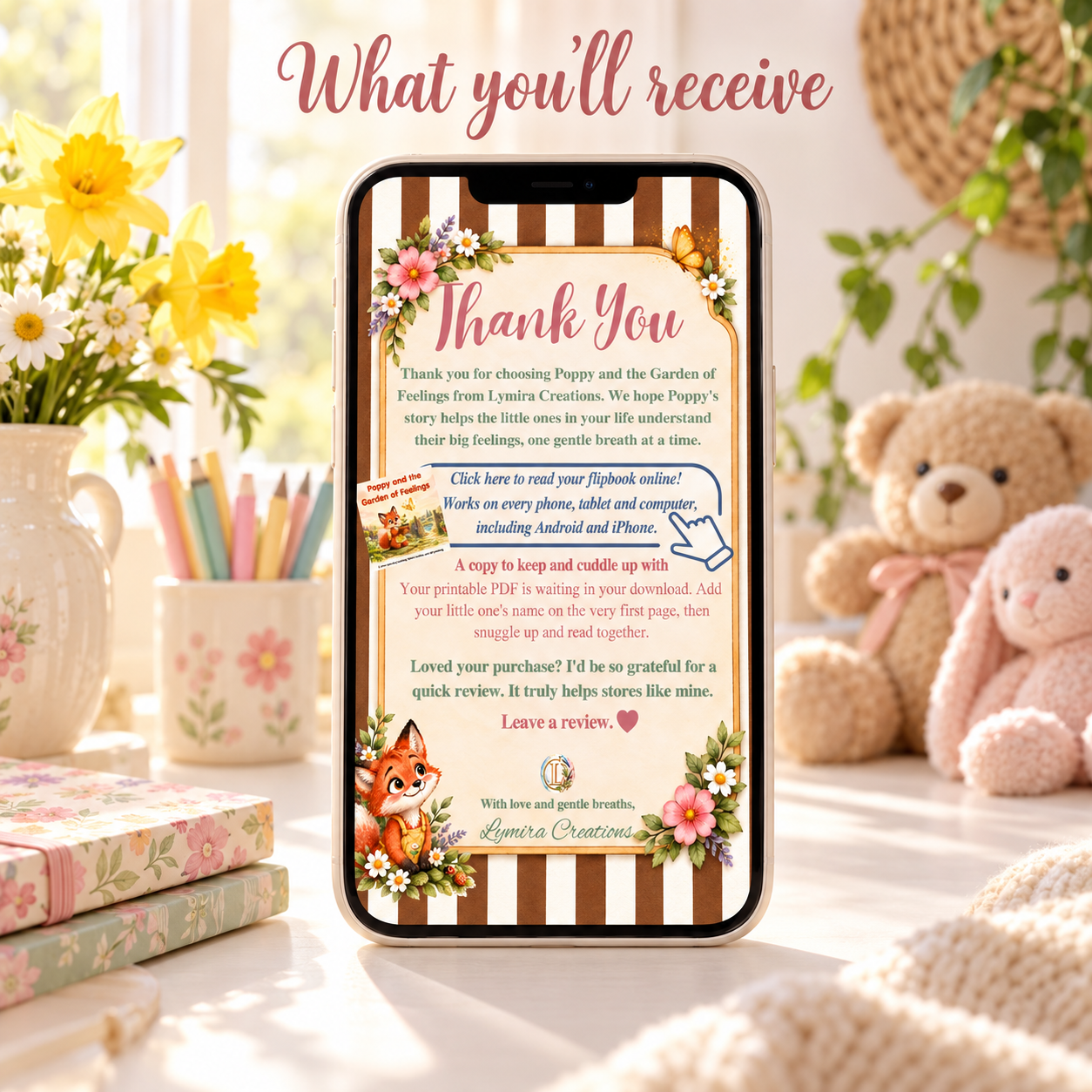 What you'll receive: thank-you page with flipbook link and printable PDF for Poppy and the Garden of Feelings