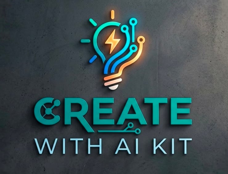 Official logo for Create With AI Kit, a store offering digital AI ebooks, business ideas, and AI video creation guides for small business owners and creators.