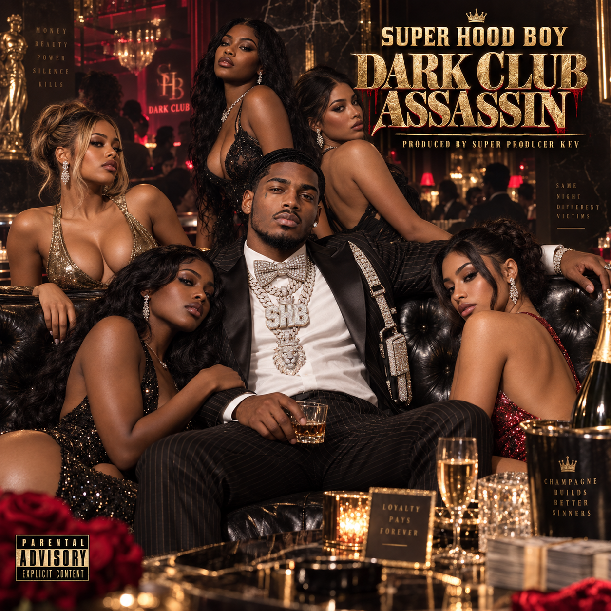 SUPER HOOD BOY™ Dark Club Assassin official album cover for a hard-hitting dark club hip-hop and rap digital album produced by Super Producer Kev.