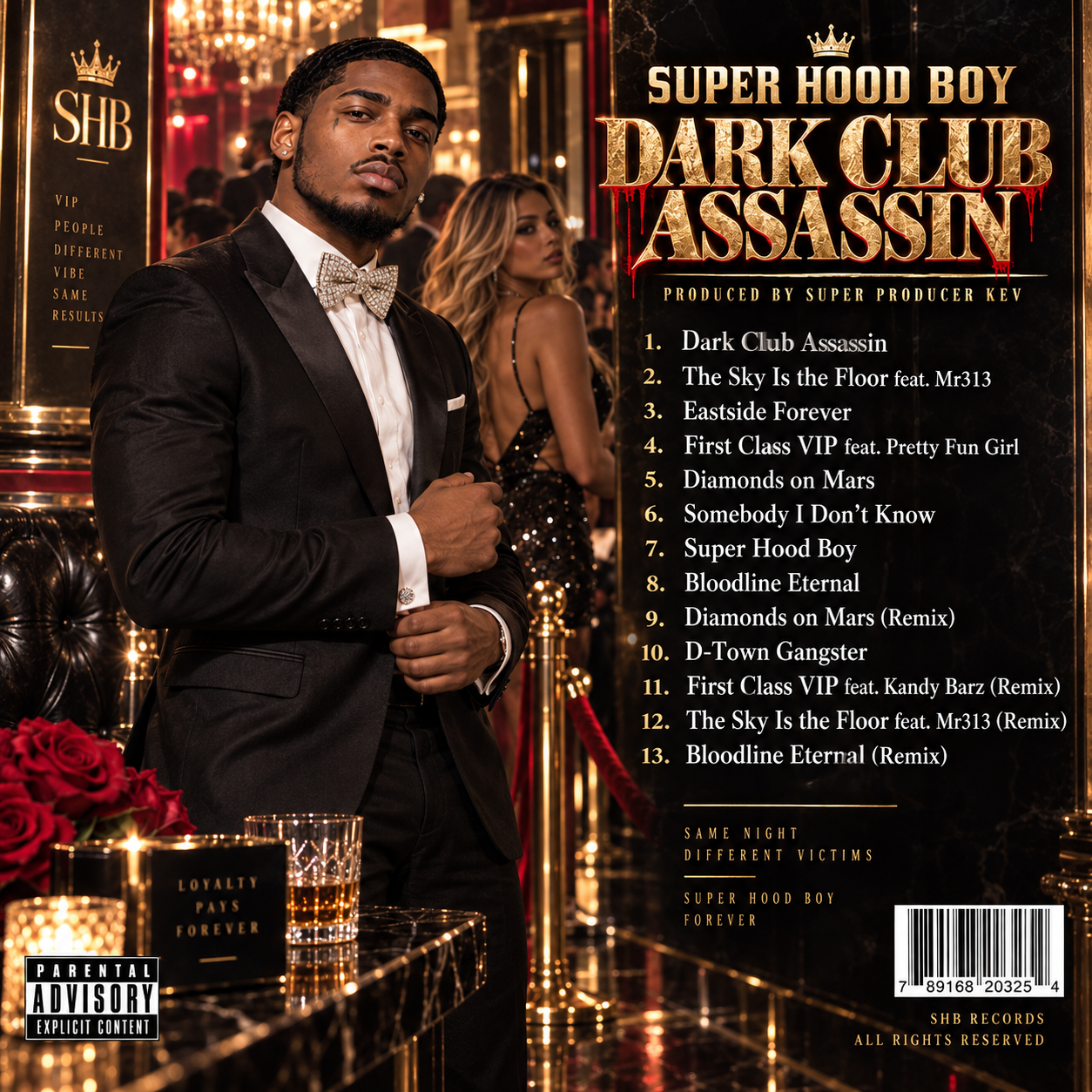 SUPER HOOD BOY™ Dark Club Assassin official back album cover featuring the complete tracklist for the dark club hip-hop and rap album produced by Super Producer Kev.