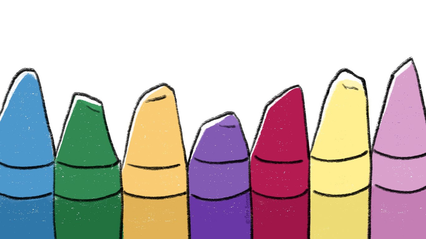 A cute and whimsical illustration of a variety of colorful, used crayons in a row. The illustration looks like it came straight out of a children's book. Artwork done by Tara Soressi.