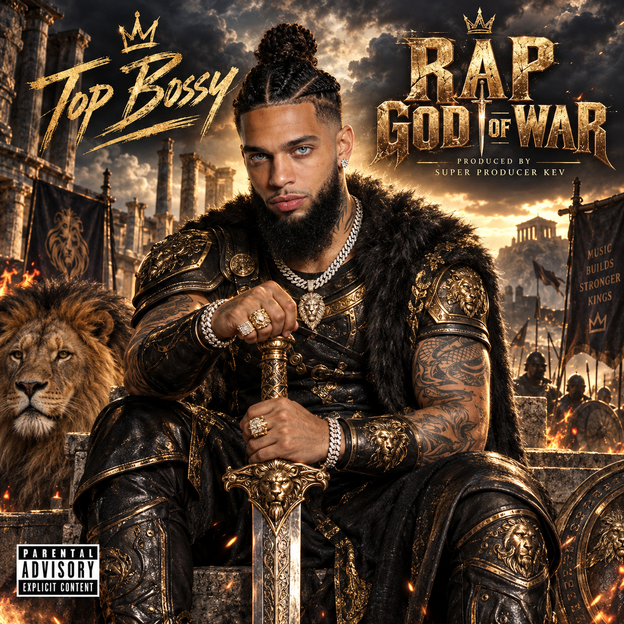 TOP BOSSY™ Rap God Of War official album cover for a hard-hitting hardcore rap and hip-hop digital album produced by Super Producer Kev.