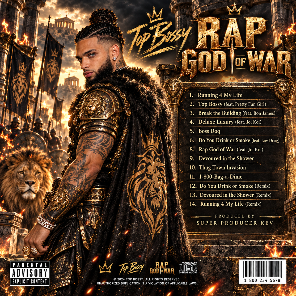 TOP BOSSY™ Rap God Of War official back album cover featuring the complete tracklist for the hardcore rap and hip-hop album produced by Super Producer Kev.