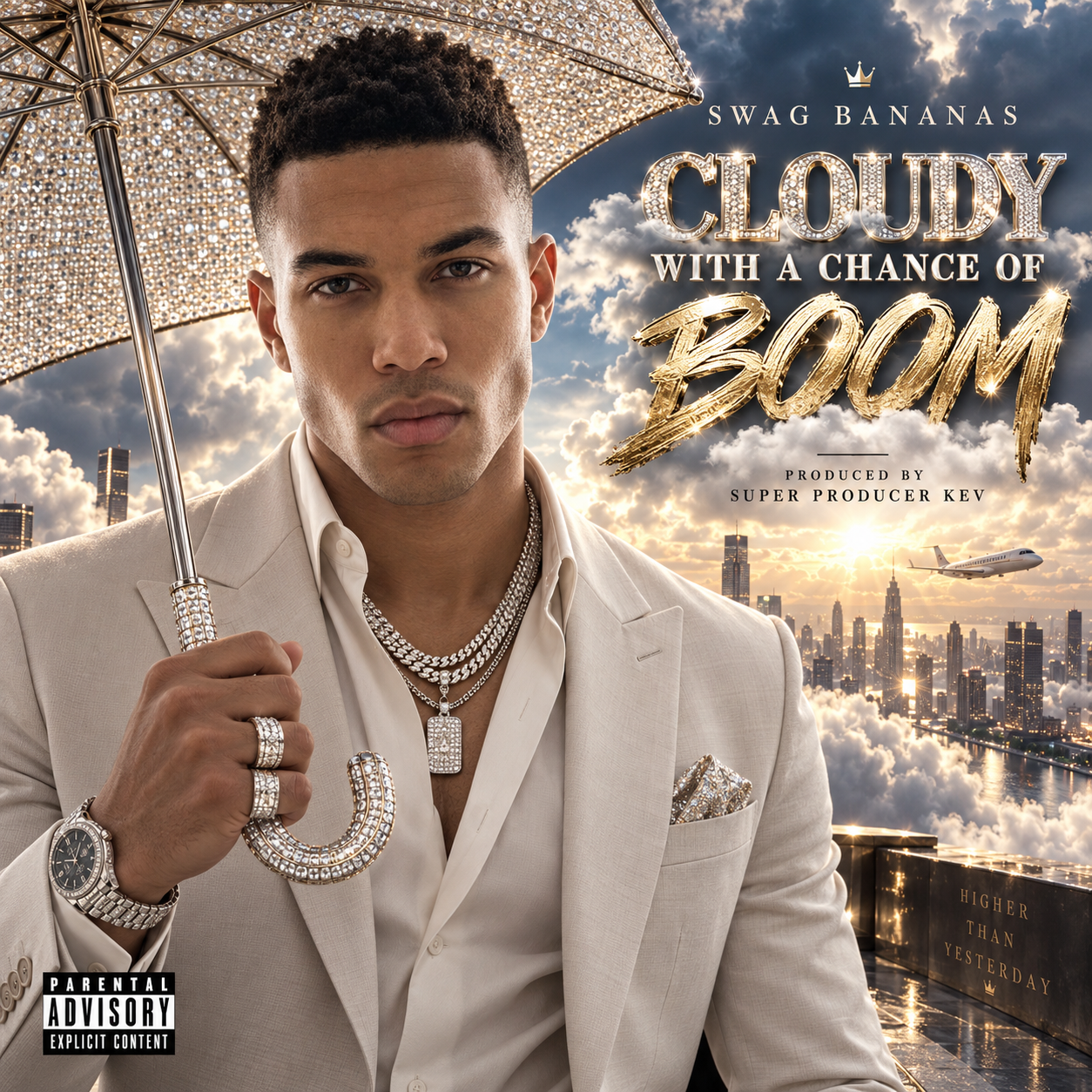 SWAG BANANAS™ Cloudy With A Chance Of Boom official album cover for a hard-hitting hip-hop, rap and bass-heavy digital album produced by Super Producer Kev.