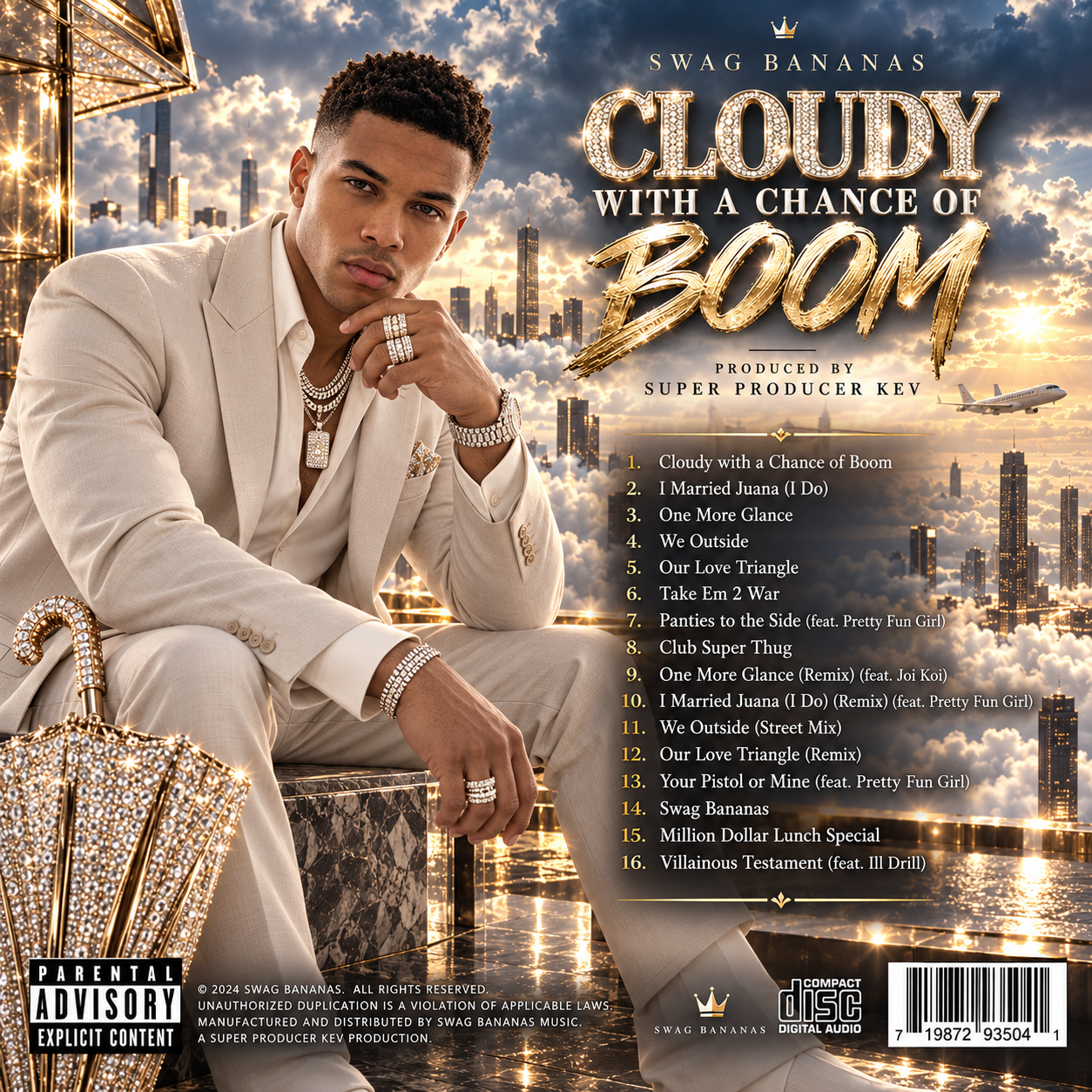 SWAG BANANAS™ Cloudy With A Chance Of Boom official back album cover featuring the complete tracklist for the hip-hop and bass-heavy rap album produced by Super Producer Kev.
