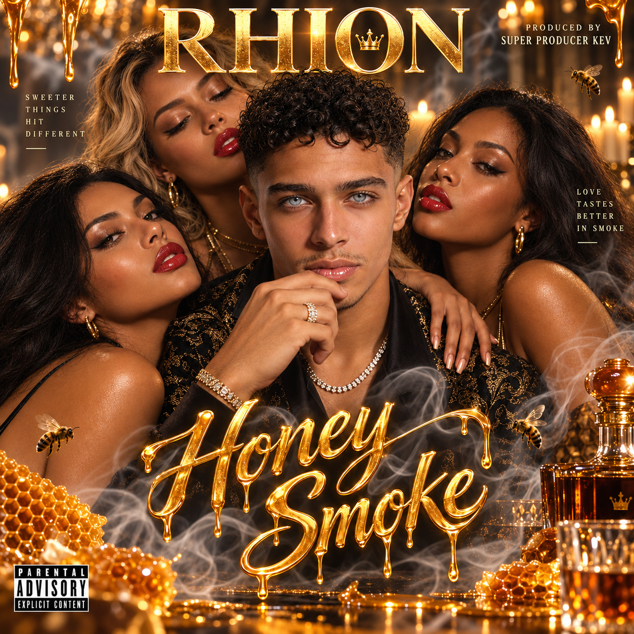RHION™ Honey Smoke official album cover for a soulful R&B, hip-hop and luxury nightlife digital album produced by Super Producer Kev.