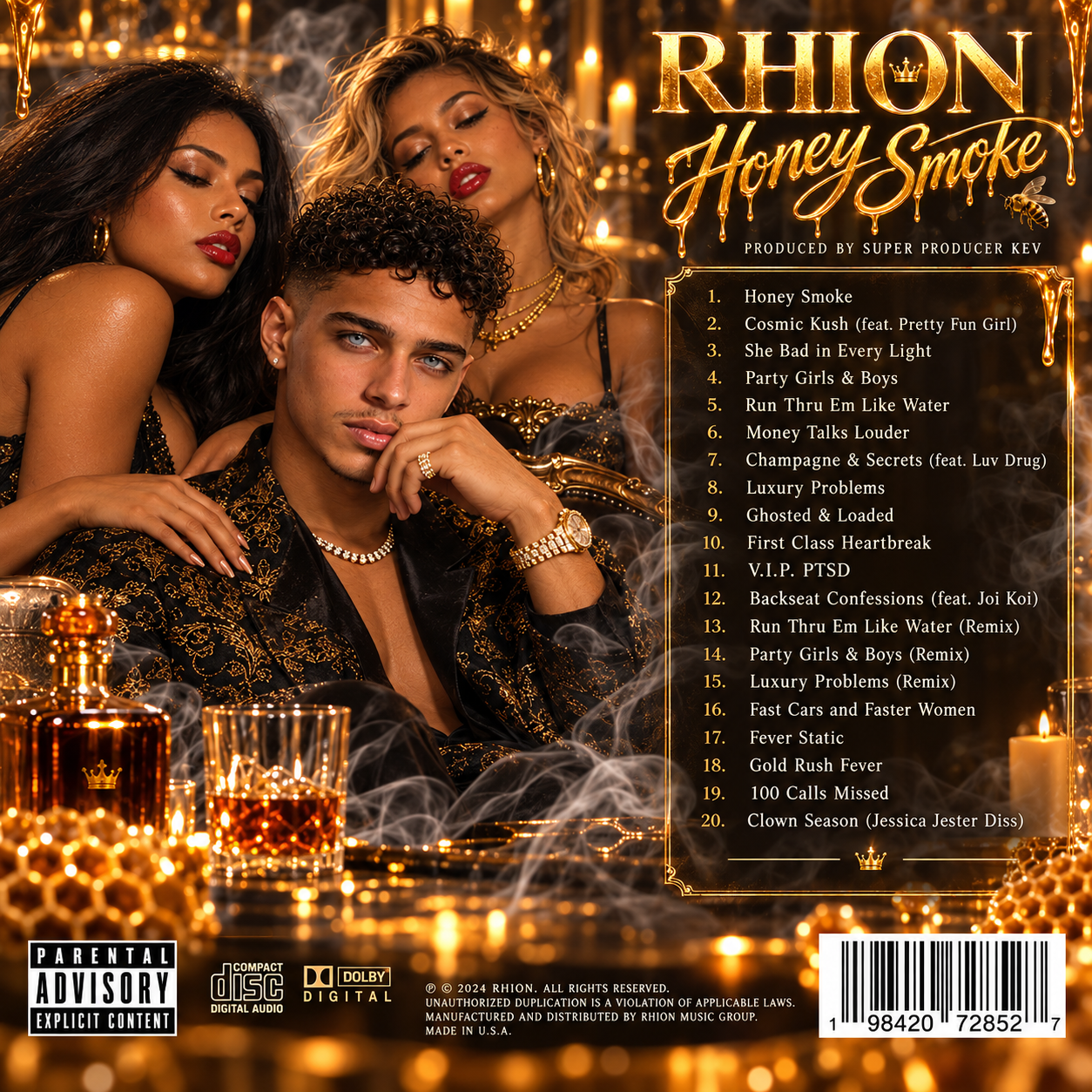 RHION™ Honey Smoke official back album cover featuring the complete tracklist for the soulful R&B and hip-hop digital album produced by Super Producer Kev.