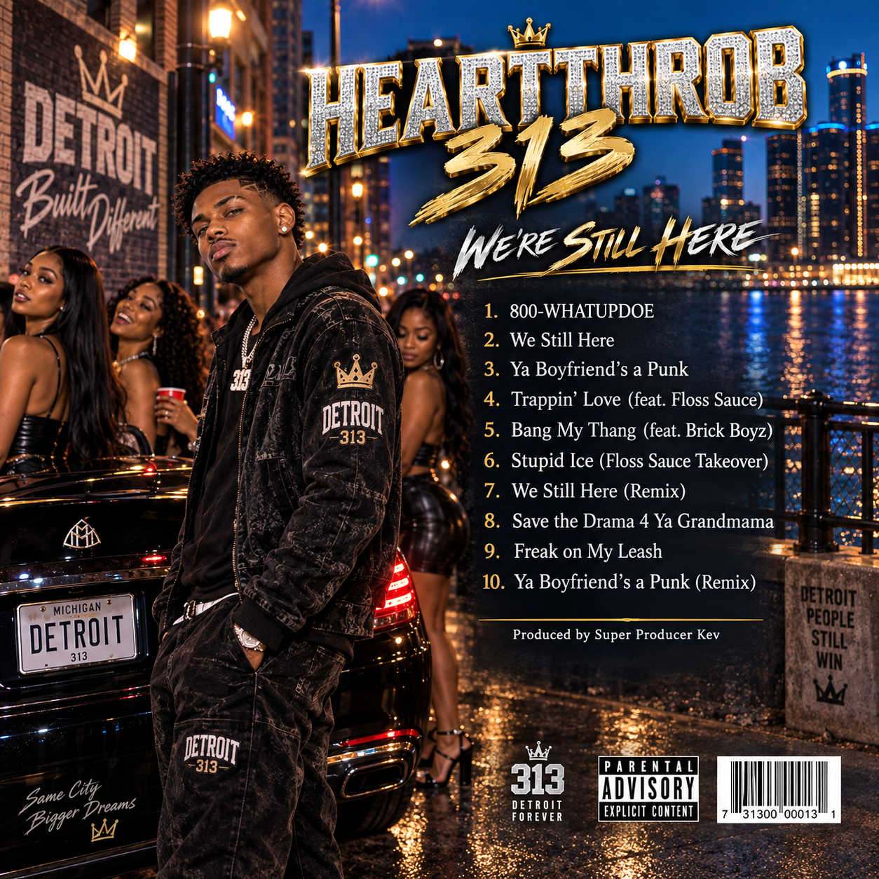 HEARTTHROB 313™ We’re Still Here official back album cover featuring the complete tracklist for the Detroit R&B, hip-hop and soul digital album produced by Super Producer Kev