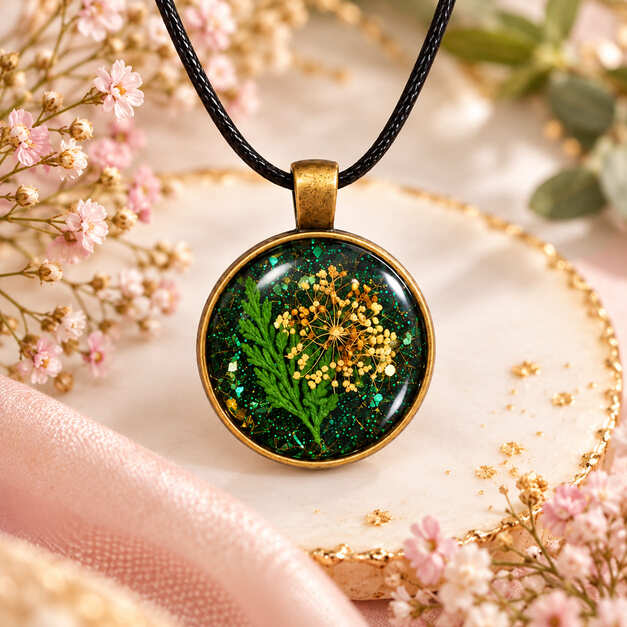 Handmade green botanical resin pendant necklace with gold-tone setting