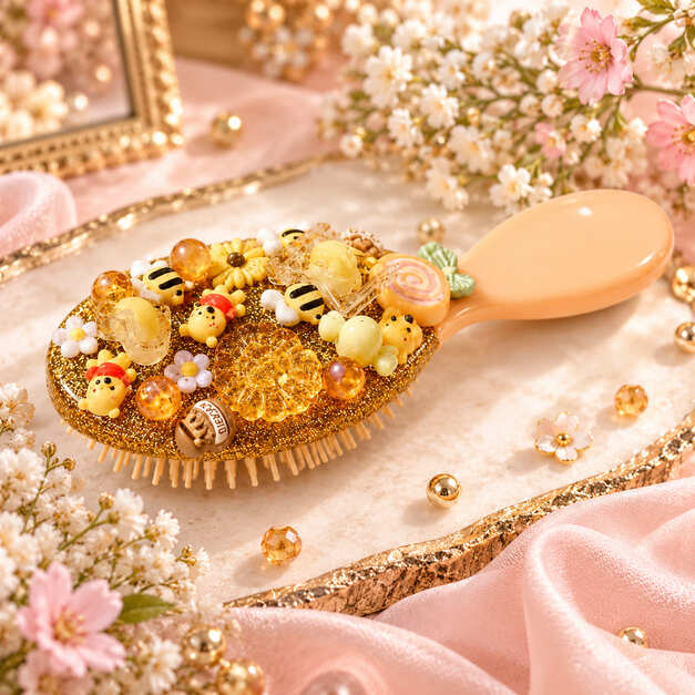 Handmade bee-themed decorated hairbrush with resin charms